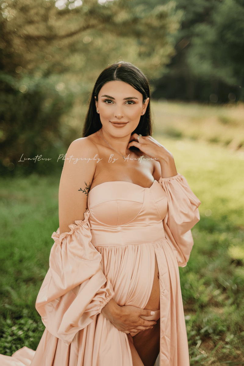 Wren Maternity Photoshoot Gown | Peach Blush Satin Flowy Dress, Corset Back, Split Belly, One Size | Long Train - Chicaboo