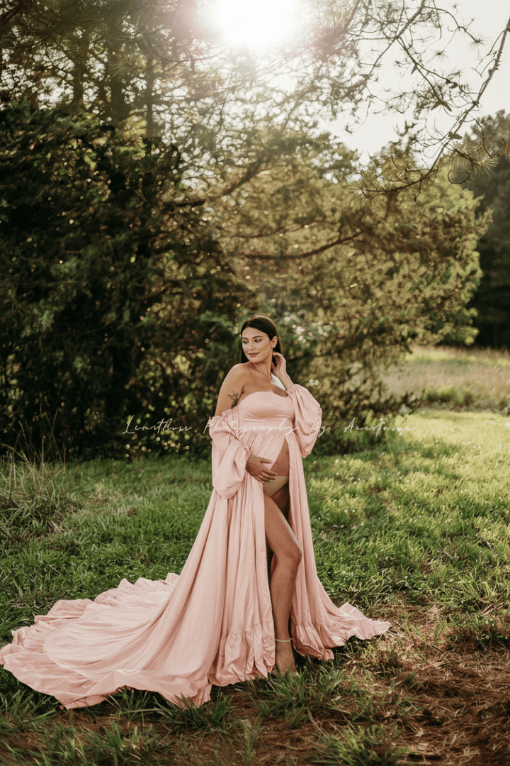 Wren Maternity Photoshoot Gown | Peach Blush Satin Flowy Dress, Corset Back, Split Belly, One Size | Long Train - Chicaboo