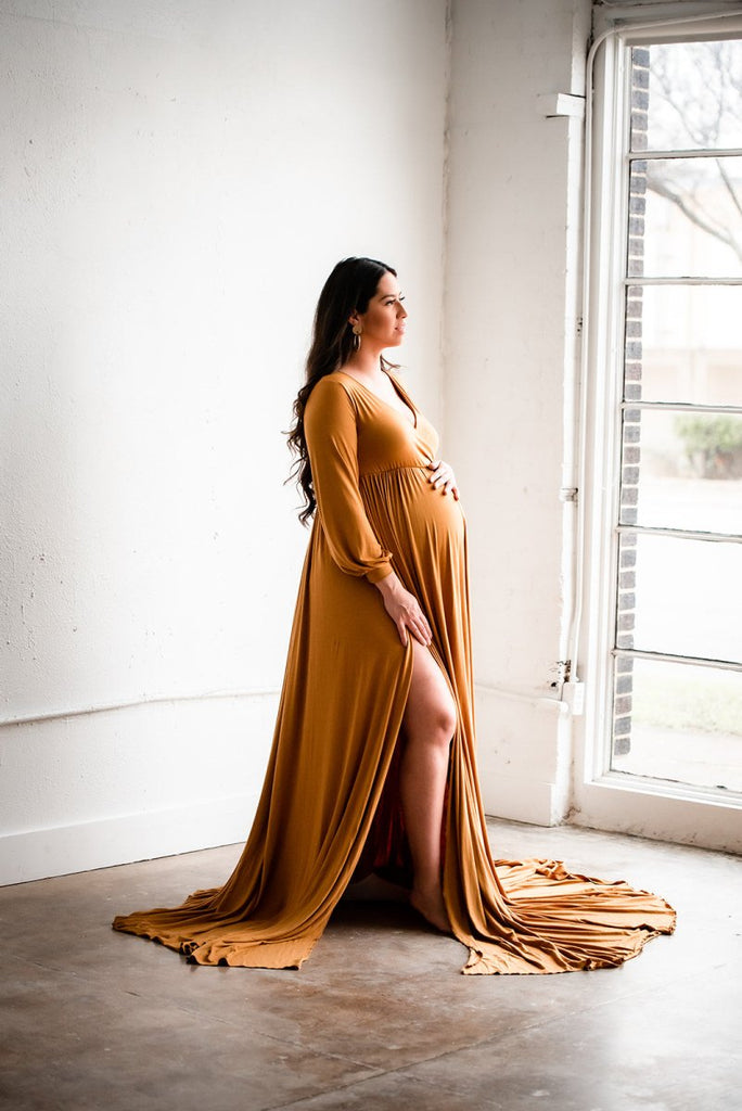 Charlotte Maternity Photoshoot Dress Amber Gold Long Sleeve