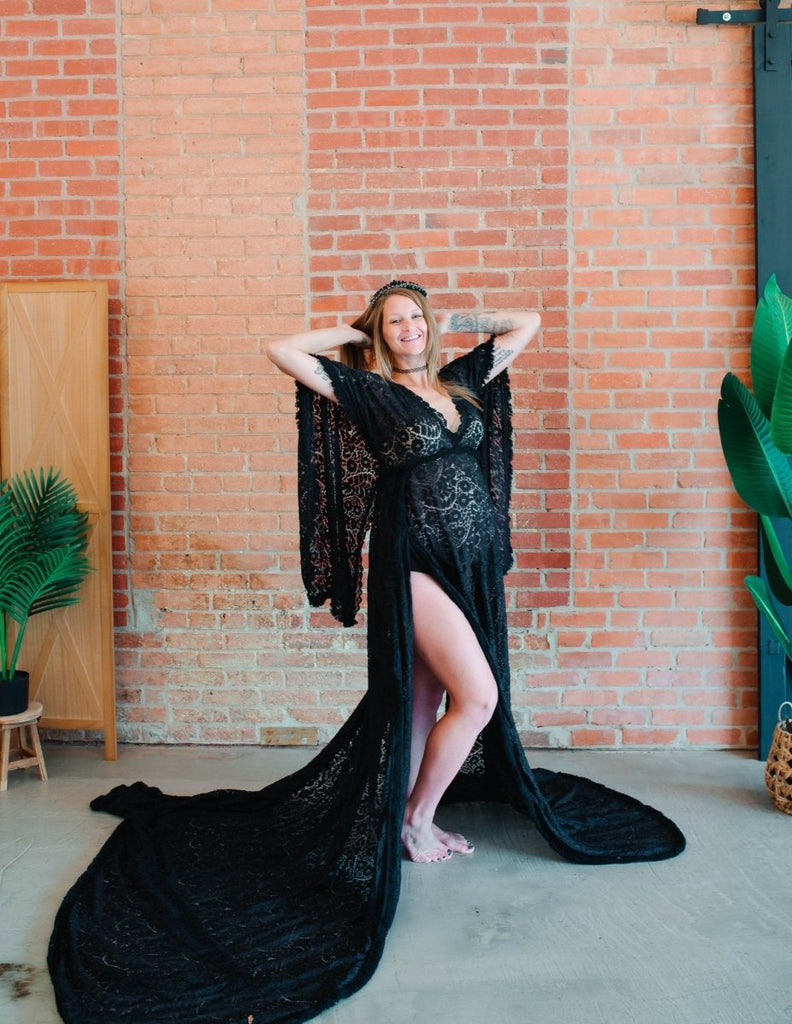 Cora Maternity Photoshoot Dress | Boho Black Lace Gown, Unlined w/ Side Splits, One Size Cora Maternity Photoshoot Dress | Boho Black Lace Gown, Unlined w/ Side Splits, One Size