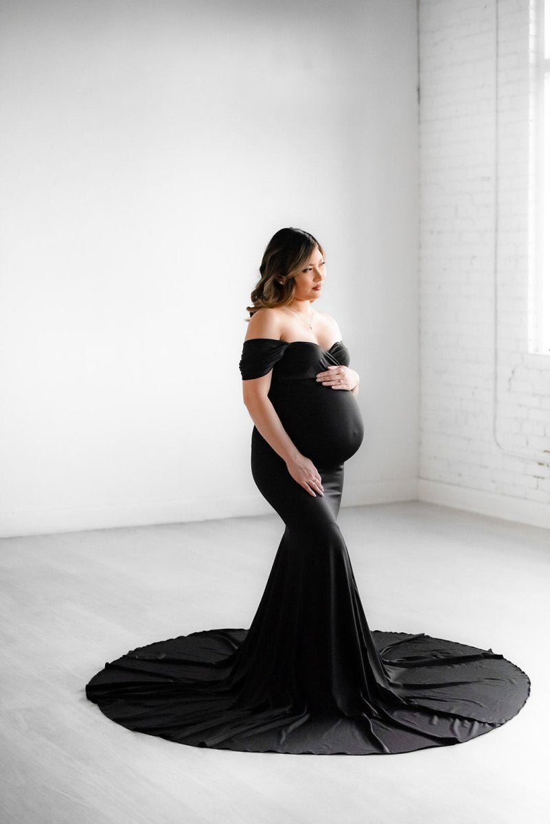 Athena Maternity Photoshoot Dress | Black Jersey Gown, Convertible, On Chicaboo Athena Maternity Photoshoot Dress | Black Jersey Gown, Convertible, On Chicaboo