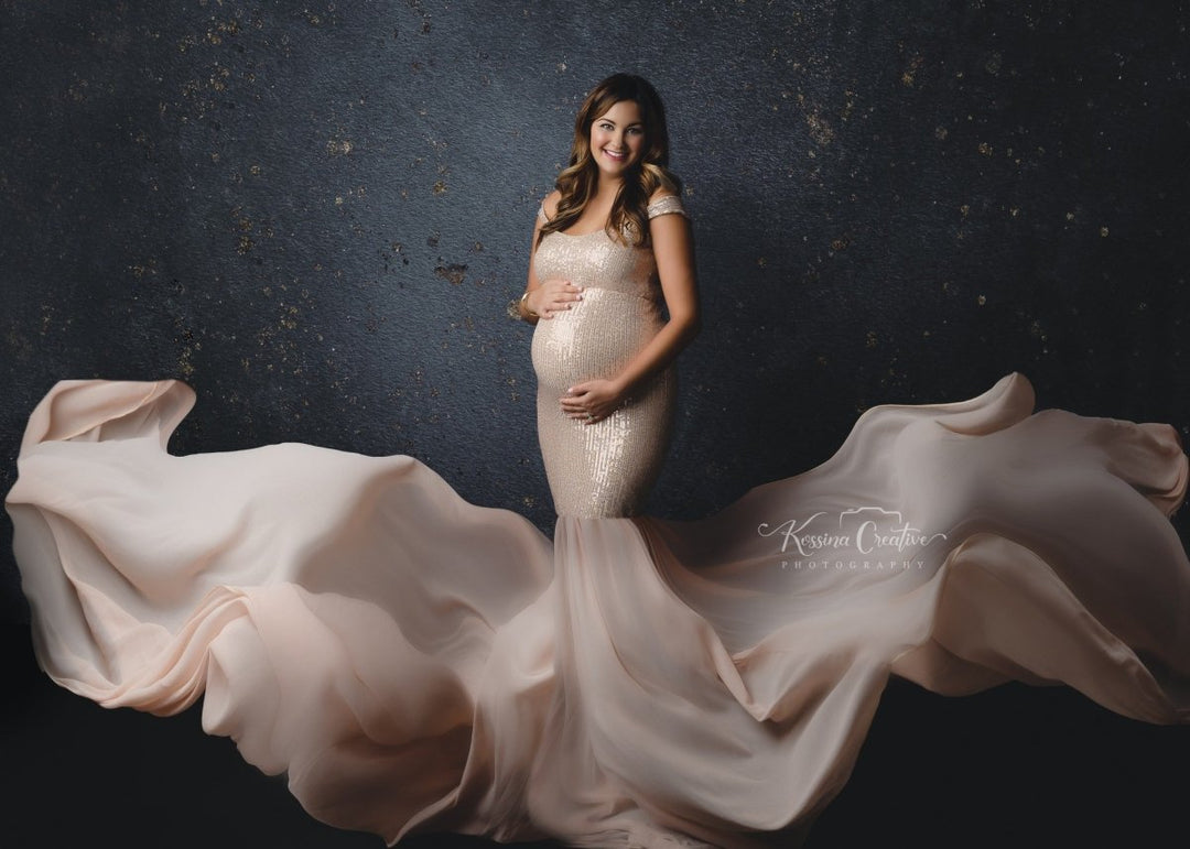 Champagne Sequin Stretch {Marilyn} Maternity Gown with tossable train - Chicaboo
