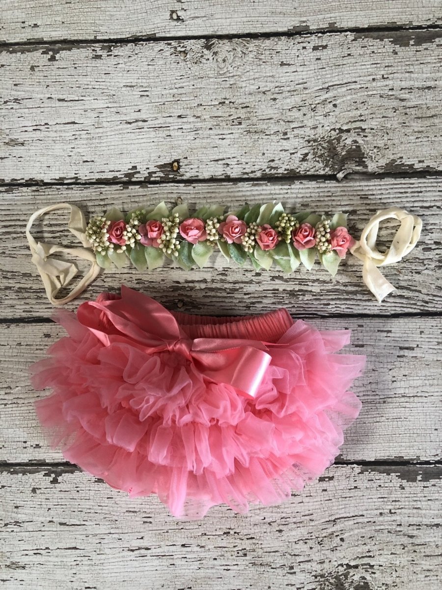 Chiffon Bloomer Set-Ruffle Butt and Laural Tie back headband Set- Bright Pink - Chicaboo