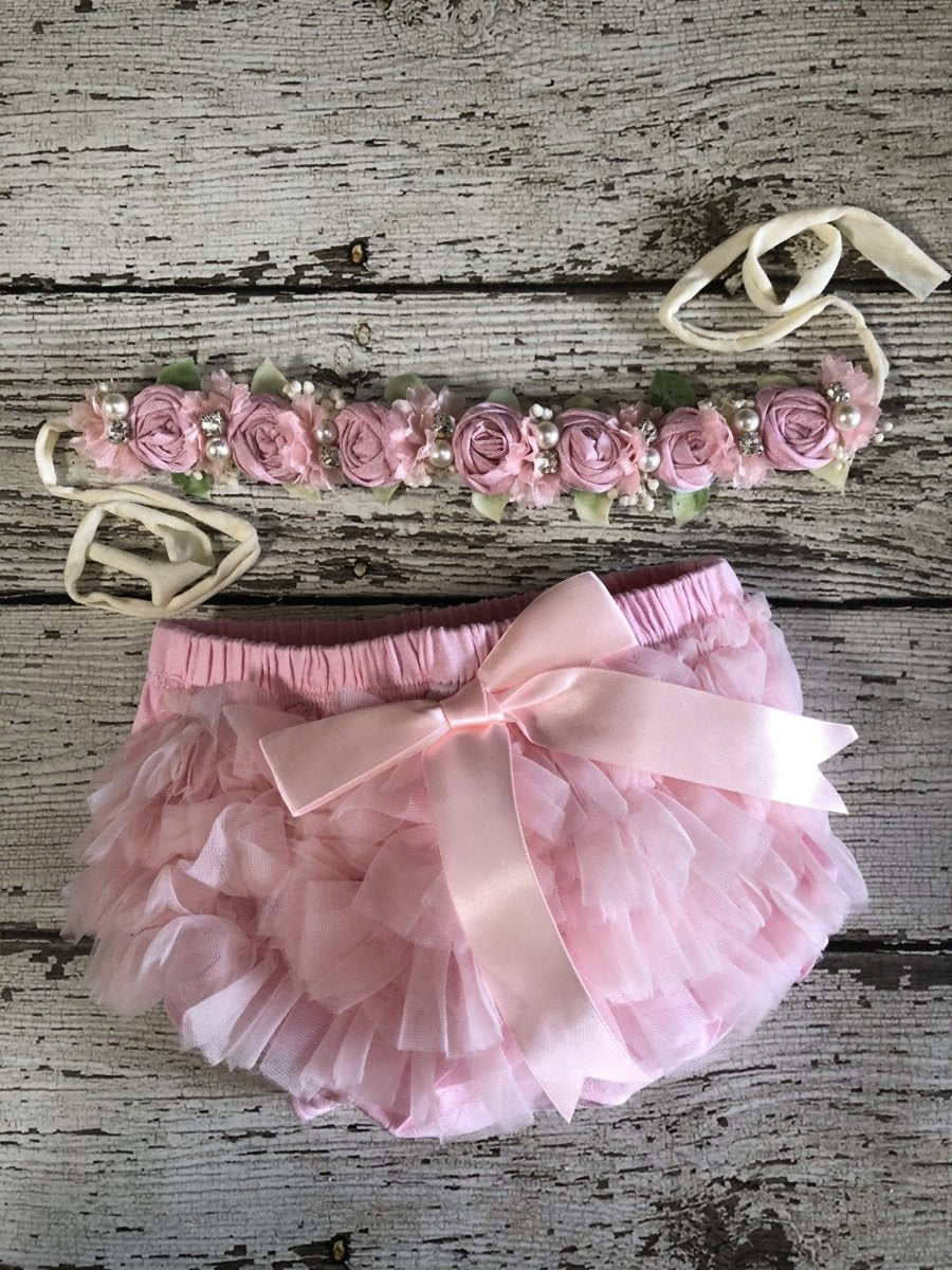 Chiffon Bloomer Set-Ruffle Butt and Rose Tie back headband Set- Baby Pink - Chicaboo