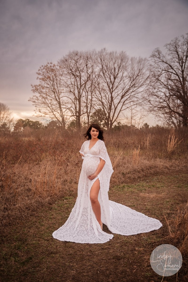 Cora Maternity Photoshoot Dress | Boho White Lace Gown, Unlined w/ Sid Chicaboo Cora Maternity Photoshoot Dress | Boho White Lace Gown, Unlined w/ Sid Chicaboo