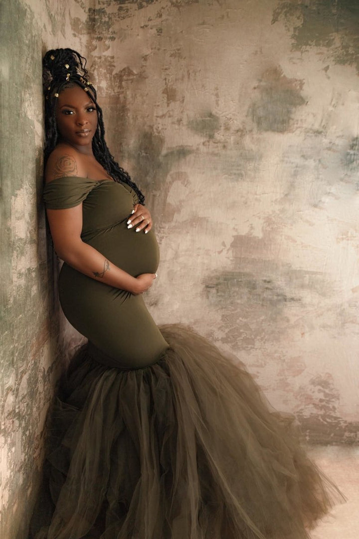 Dark Olive Ariel Maternity Photoshoot Dress Onesize - Chicaboo