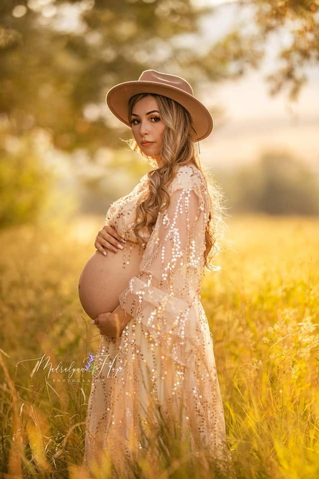 sequin top maternity dress Momyknows Sparkly Diamond Rhinestone Mesh Slit Long Sleeve Mermaid Sheer Maternity Elegant Baby Shower Party Maxi Dress, Coffee / M