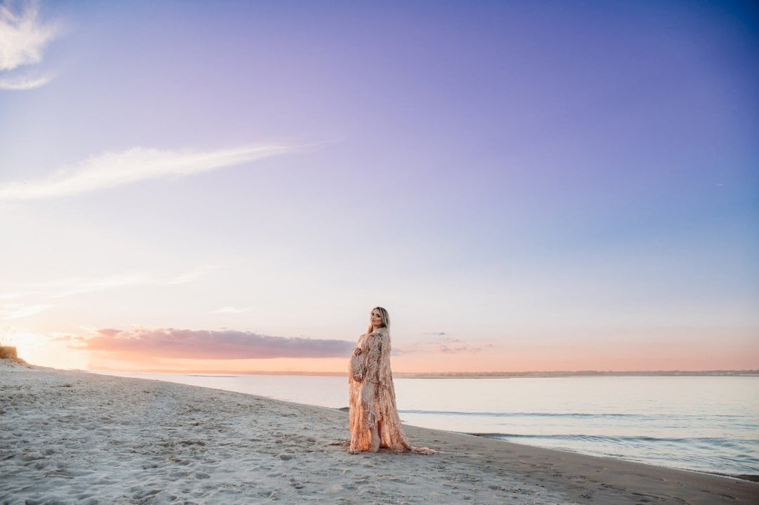 Faith Boho Maternity Photoshoot Dress | Rosegold Sequin Fringe Gown w/ Chicaboo Faith Boho Maternity Photoshoot Dress | Rosegold Sequin Fringe Gown w/ Chicaboo