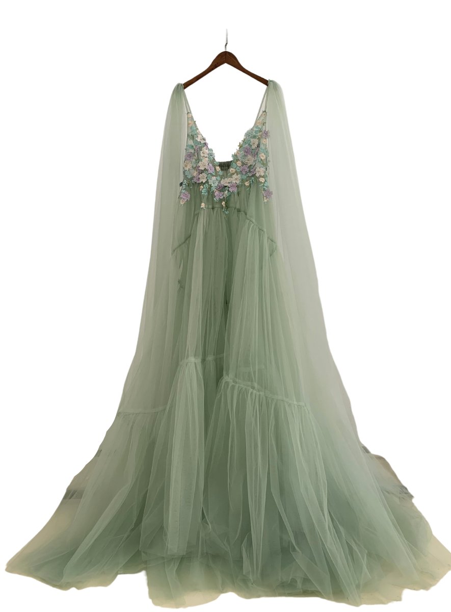 Flora Tulle Maternity Gown with hand-sewn Appliques & Detachable Shoulder Cape/Wings - Chicaboo