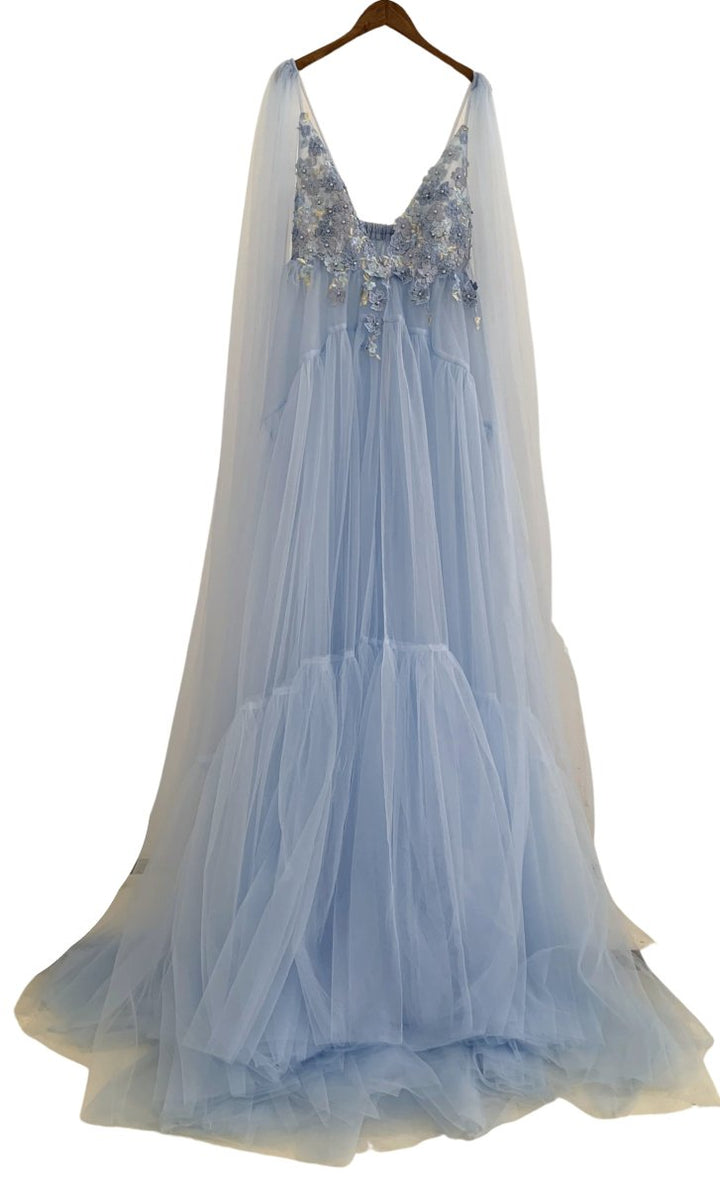 Flora Tulle Maternity Gown with hand-sewn Appliques & Detachable Shoulder Cape/Wings in Baby blue - Chicaboo