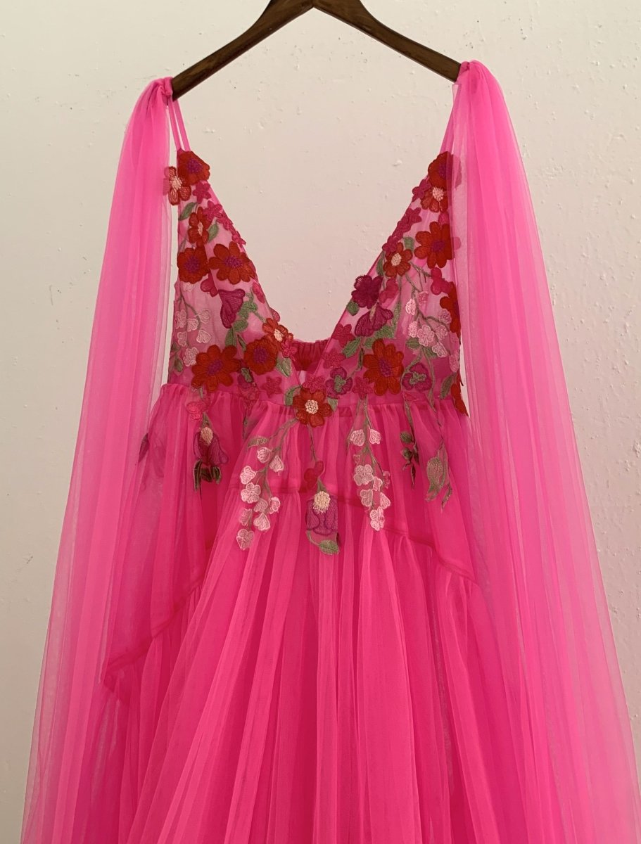 Flora Tulle Maternity Gown with hand-sewn Appliques & Detachable Shoulder Cape/Wings in Bright Pink - Chicaboo