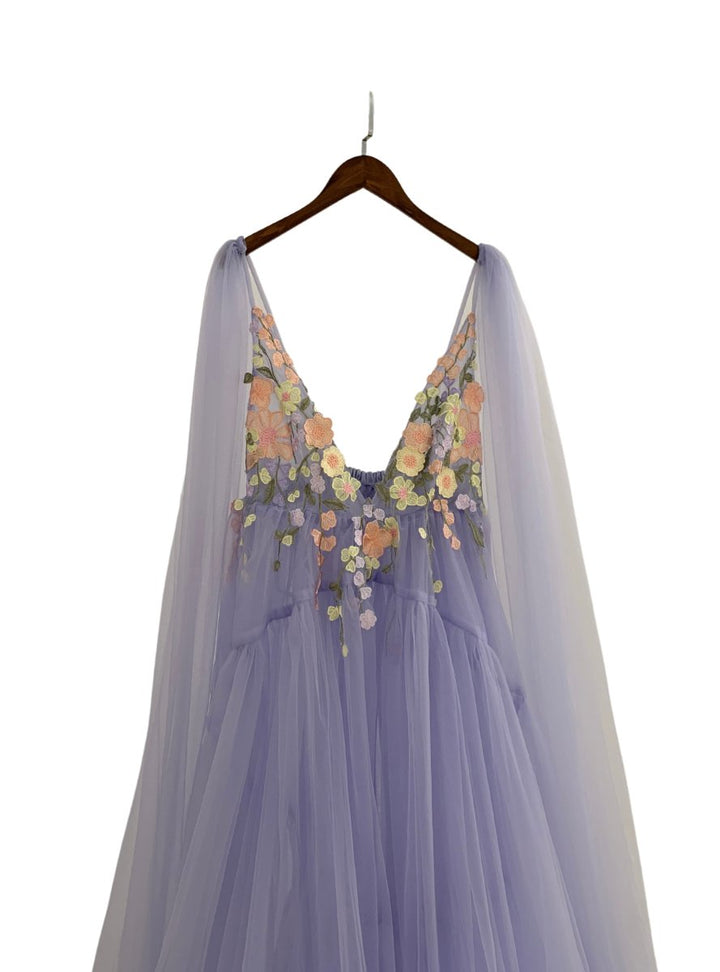 Flora Tulle Maternity Gown with hand-sewn Appliques & Detachable Shoulder Cape/Wings in Lavender - Chicaboo