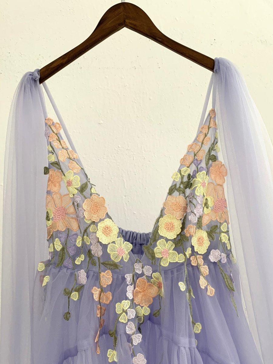 Flora Tulle Maternity Gown with hand-sewn Appliques & Detachable Shoulder Cape/Wings in Lavender - Chicaboo