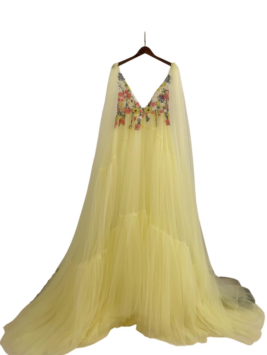 Flora Tulle Maternity Gown with hand-sewn Appliques & Detachable Shoulder Cape/Wings in Lemon - Chicaboo