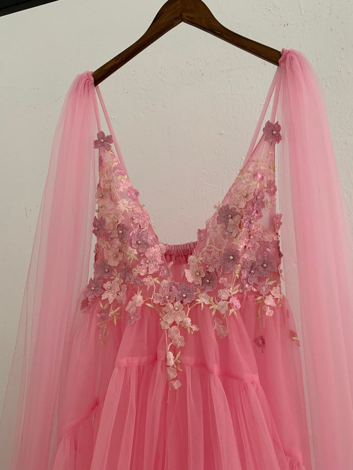 Flora Tulle Maternity Gown with hand-sewn Appliques & Detachable Shoulder Cape/Wings in Taffy Pink - Chicaboo