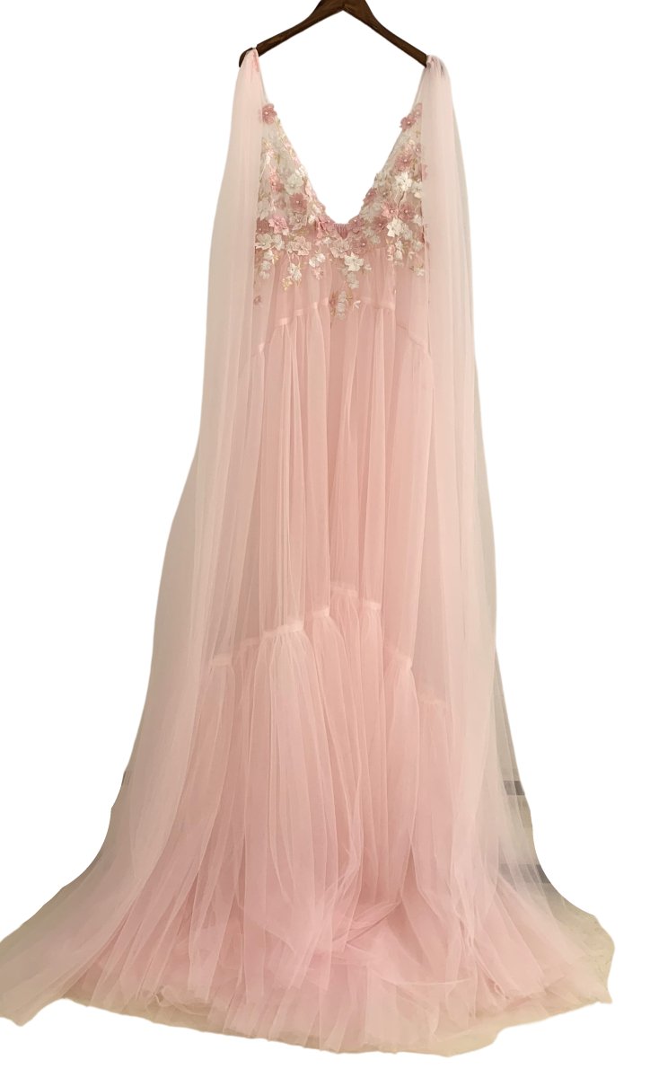 Flora Tulle Maternity Gown with hand-sewn Appliques & Detachable Shoulder Cape/Wings pale pink - Chicaboo