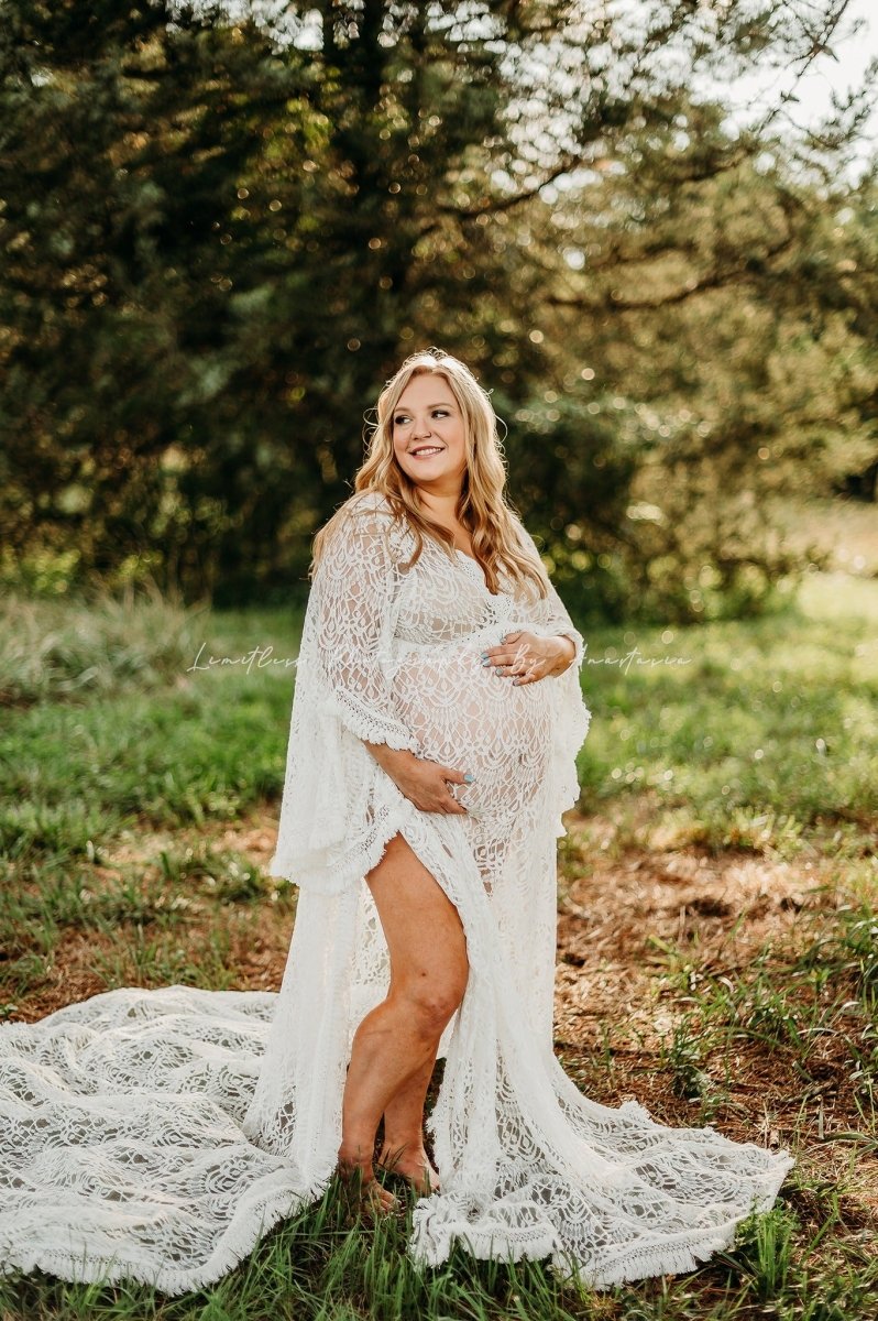Freya Maternity Photoshoot Gown Boho White Lace Dress, Unlined w