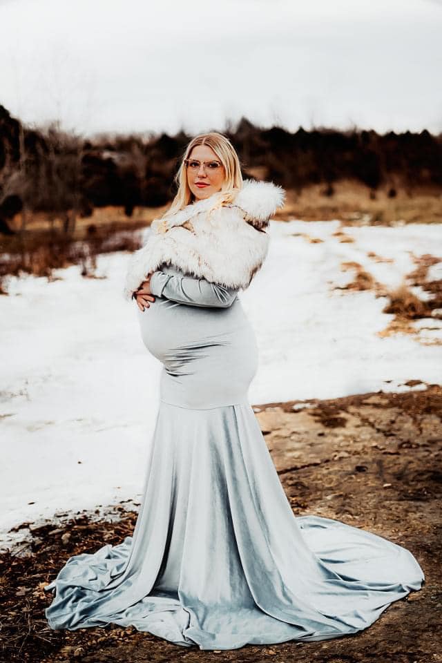 Ice Blue Velvet {Athena} Maternity Gown with pull on sleeves - Chicaboo