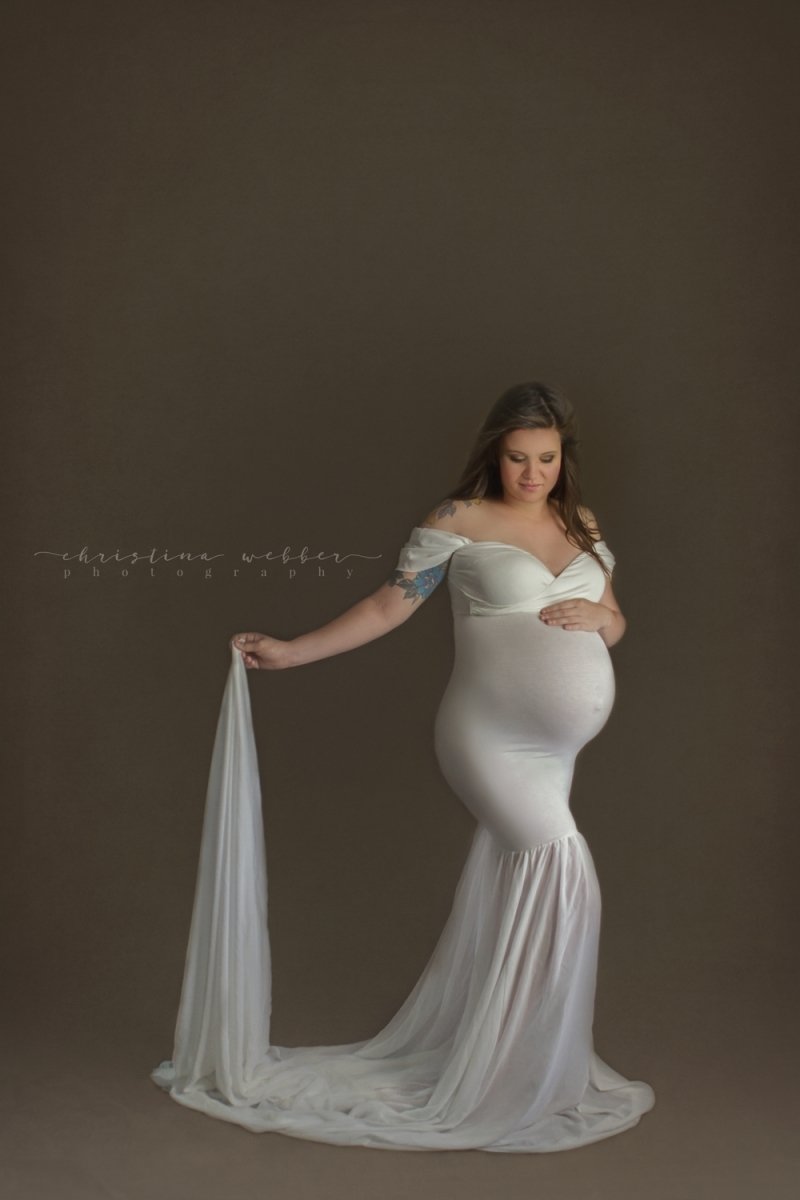 Pearl White Lux Jersey {Monroe} Maternity Gown with tossable train - Chicaboo