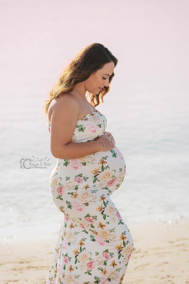 Pink and white Floral Luxe Jersey {Sienna} Strapless Maternity Gown - Chicaboo