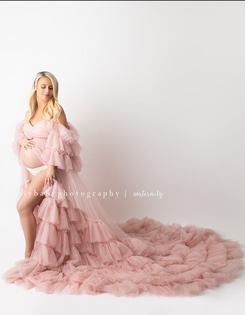 pink tulle maternity dress Momyknows Pink Tulle Ruffle Swing V-neck Slit Photoshoot Plus Size Gown Maternity Maxi Dress, Pink / L