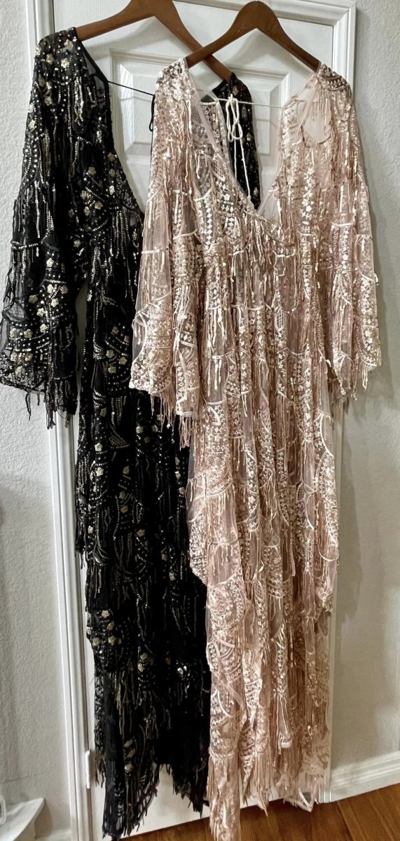 Faith Boho Maternity Photoshoot Dress | Gold Sequin Fringe Gown w/ Side Slits & Adjustable Waist, One Size Faith Boho Maternity Photoshoot Dress | Gold Sequin Fringe Gown w/ Side Slits & Adjustable Waist, One Size