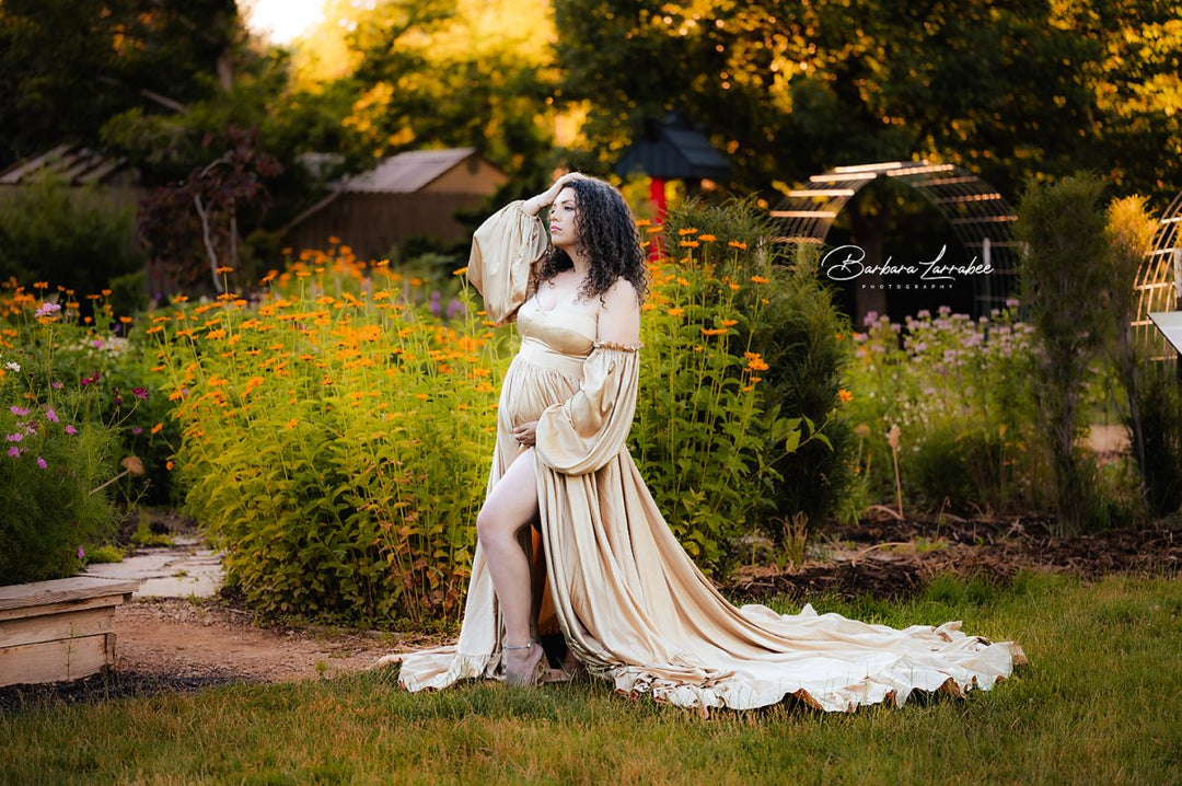 Wren Maternity Photoshoot Gown | Vintage Gold Satin Flowy Dress, Corset Back, Split Belly, One Size