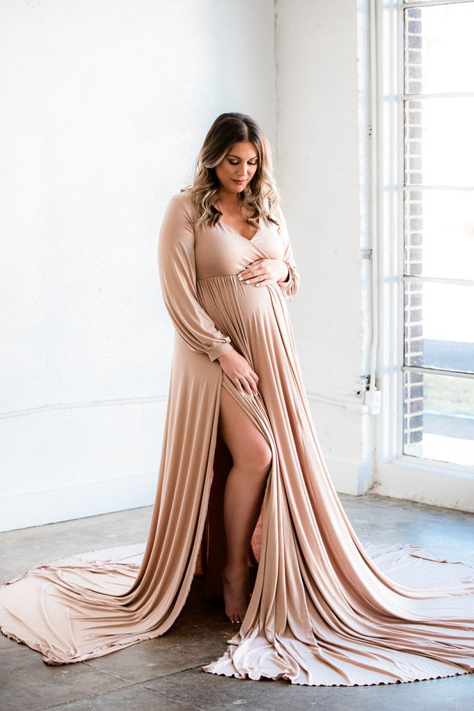 Charlotte Maternity Photoshoot Dress | Sand Long Sleeve Jersey Gown, High Slit, One Size Charlotte Maternity Photoshoot Dress | Sand Long Sleeve Jersey Gown, High Slit, One Size