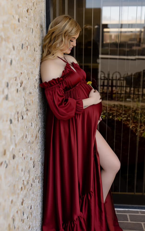Paloma Maternity Photoshoot Dress | Wine Red Satin Gown w/ split belly Chicaboo Paloma Maternity Photoshoot Dress | Wine Red Satin Gown w/ split belly Chicaboo