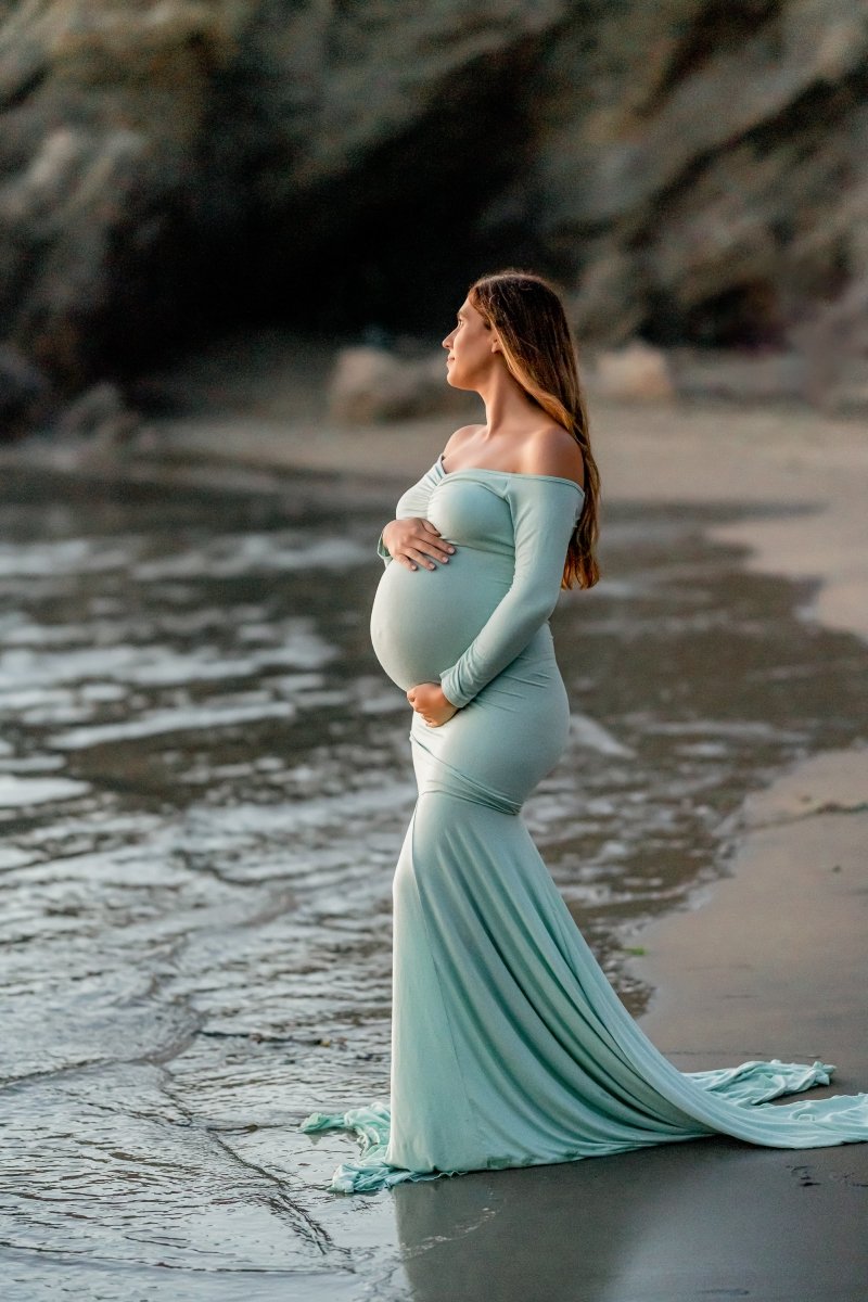 Serena Maternity Photoshoot Dress | Sea Spray Long Sleeve Jersey Gown, Convertible, One Size Serena Maternity Photoshoot Dress | Sea Spray Long Sleeve Jersey Gown, Convertible, One Size
