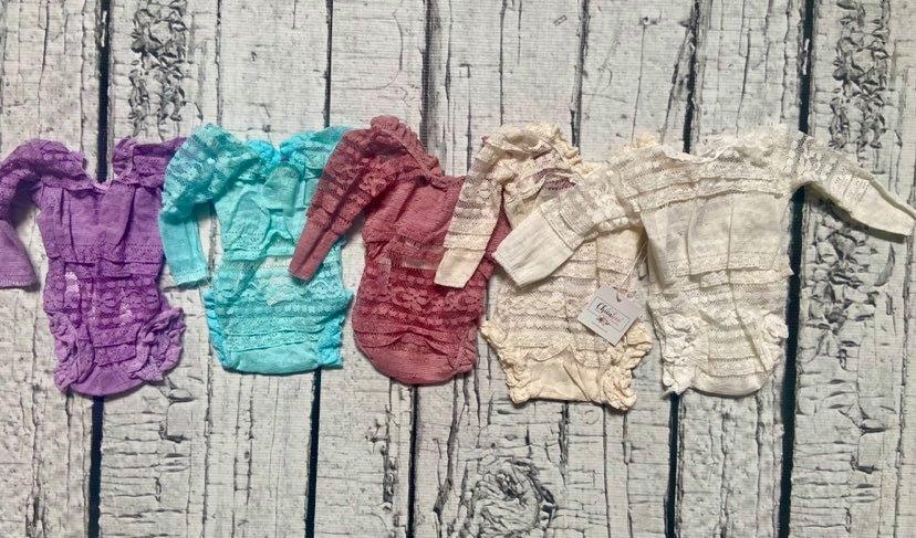 Set of 5 lace Rompers Preemie sized.5- Winter White, Vintage Beige, Dusty Rose, Aqua, Purple - Chicaboo
