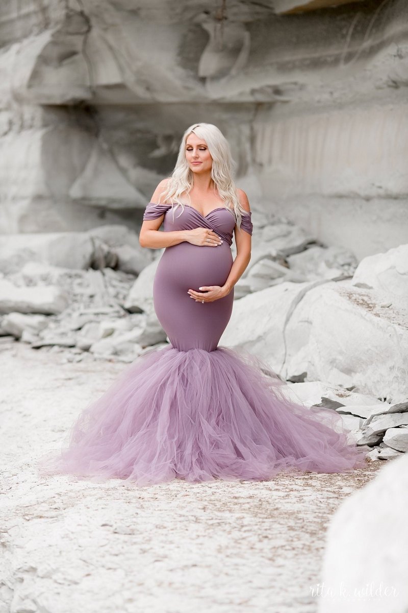Set Smokey Amethyst Luxe Jersey Athena Crop top & {Ariel} Underbust Tube Mermaid Maternity Skirt with Tulle Train - Chicaboo