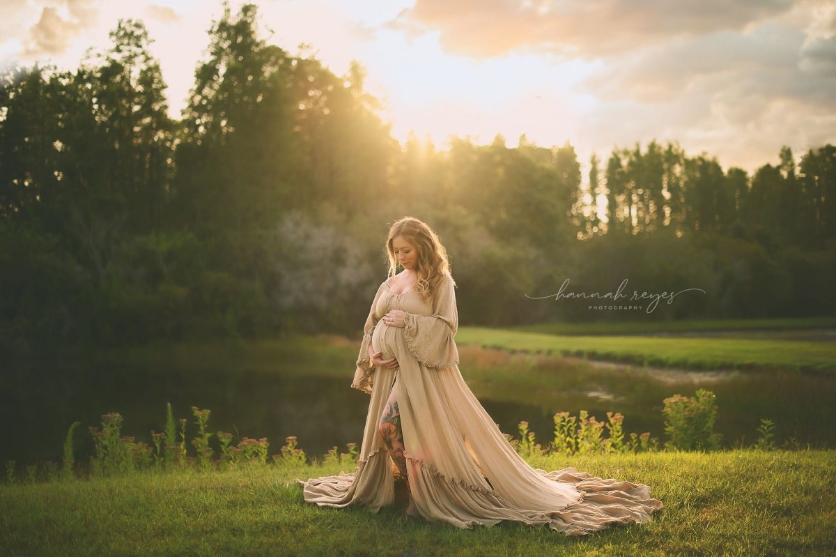 Aspen Boho Maternity Photoshoot Dress Desert Sand Linen Side Slits Aspen Boho Maternity Photoshoot Dress Desert Sand Linen Side Slits