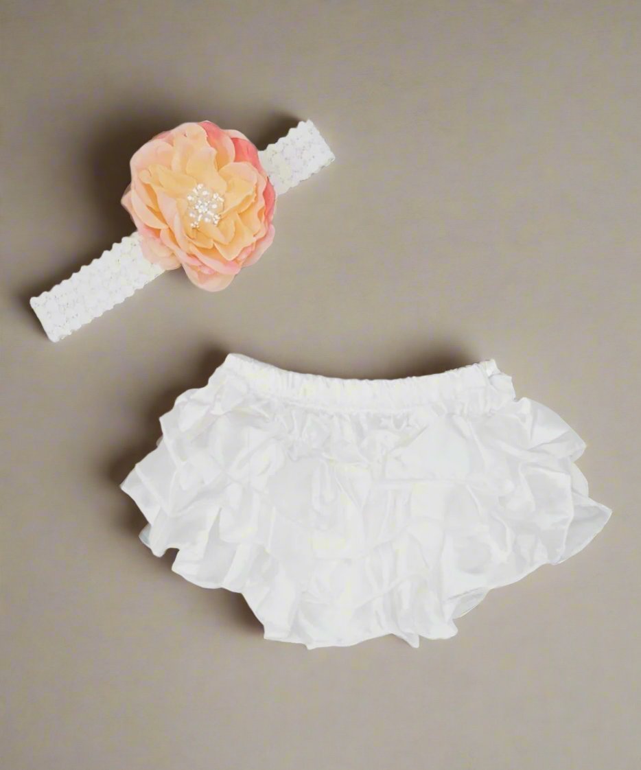 White Satin Bloomer Set- Ruffle Butt and Peach headband Set (newborn or Sitter) - Chicaboo