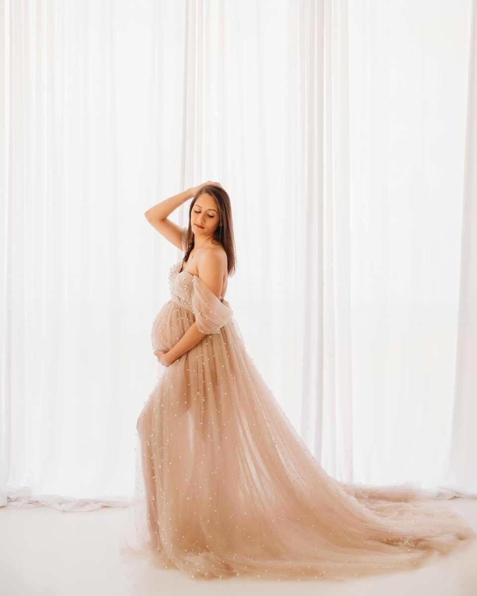 Irah Maternity Photoshoot Gown | Choose Color, Pearl & Tulle, 2 Sets of Sleeves, One Size Onesize 4-14 / Vintage Beige Irah Maternity Photoshoot Gown | Choose Color, Pearl & Tulle, 2 Sets of Sleeves, One Size Onesize 4-14 / Vintage Beige